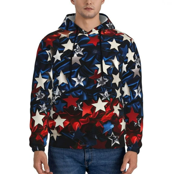 Wukai Red Blue White Stars Print Men Hoodies Fleece Sweatshirts Long Sleeve Sweaters Pullover Fall Outfits Winter Clothes-XX-Large
