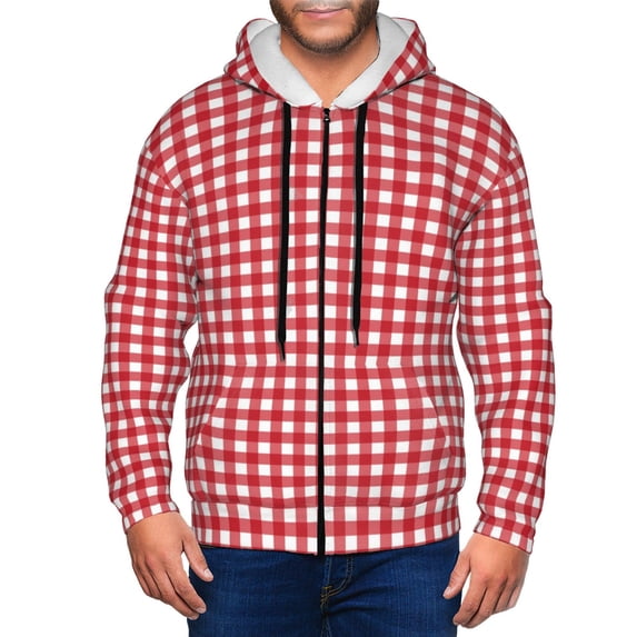 Wukai Red Checkboard Print Men's Zip-Up Hoodie,Fleece Full-Zip Hoodie for Men, Hooded Sweatshirt-
