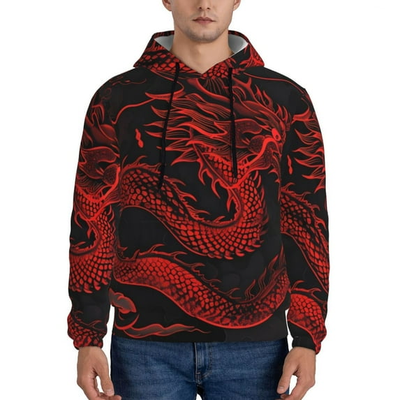 Wukai Red Dragon On Black Print Men Hoodies Fleece Sweatshirts Long Sleeve Sweaters Pullover Fall Outfits Winter Clothes-4X-Large