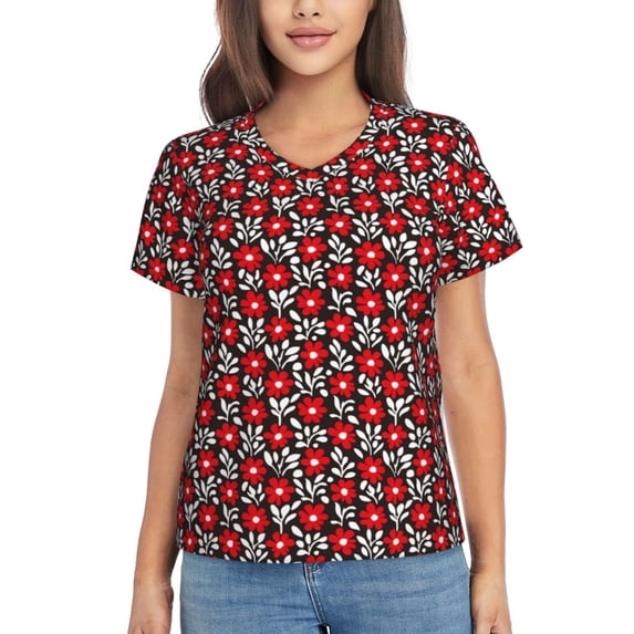 Wukai Red Floral Classic V-Neck T-Shirt for Women: Comfortable, Stylish, and Versatile Wardrobe Essential-XX-Large
