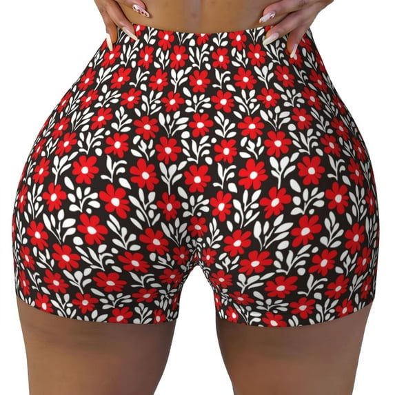 Wukai Red Floral Print Pack Biker Shorts for Women Yoga Workout Gym Running Scrunch Active Shorts-Medium