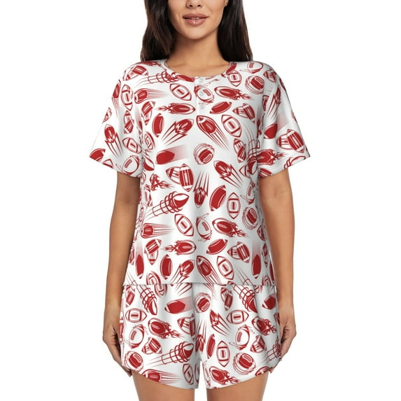 "Wukai Red Football Women's Pajama Set - Short-Sleeve Top and Shorts with Elastic Waistband and Pockets for Loungewear, Yoga, and Casual Wear-Small