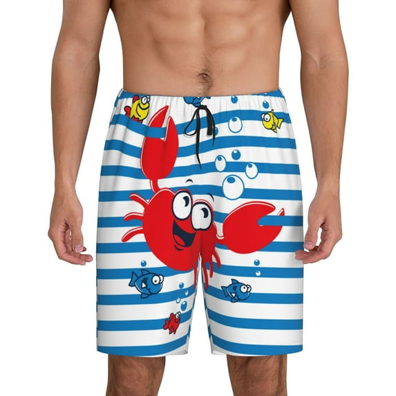 Wukai Red Funny Crab on Blue Stripe Men’s Short Pajama Pants With Pockets Soft Sleep Pj Shorts for Men-3X-Large