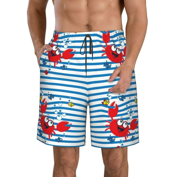 Wukai Red Funny Crab on Blue Stripe Print Beach Trunks with Compression Liner Swimsuit Quick Dry Beach Sports Shorts with Pocket-X-Large