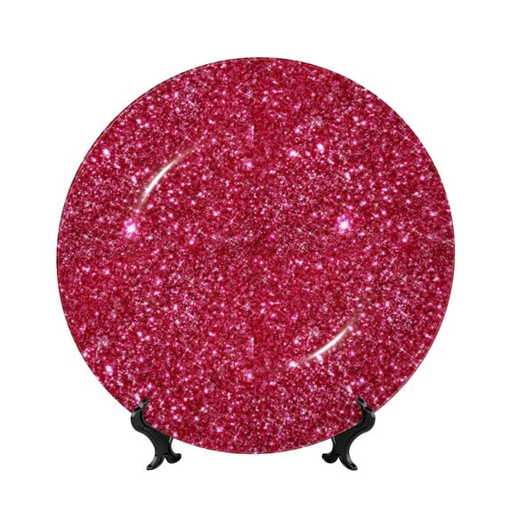 Wukai Red Glitter Print Decorative Plate for Display,Bone China Decorative Plate, Ceramic Dinner Plate with Stand, Vertical Ceramic Plate-8in
