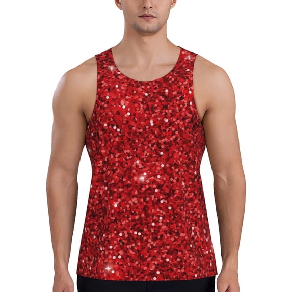 Wukai Red Glitter Print Men’s Workout Tank Top Sleeveless Muscle T shirt Gym Running Fitness Tank Top-Large