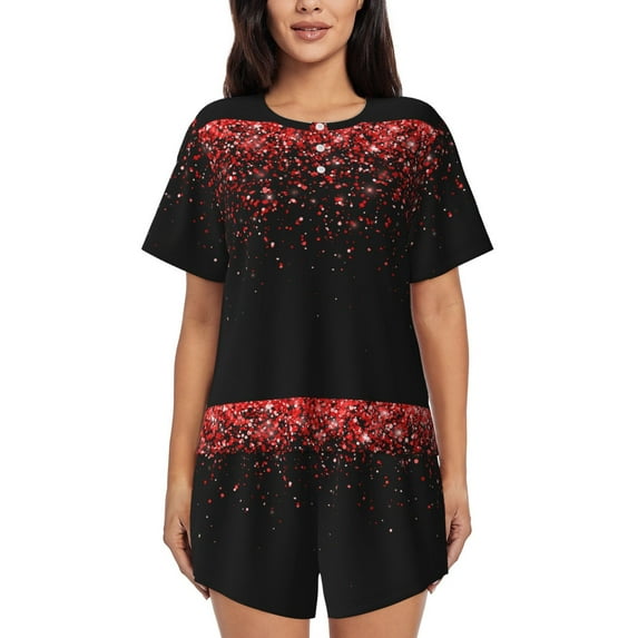 "Wukai Red Glitter1 Women's Pajama Set - Short-Sleeve Top and Shorts with Elastic Waistband and Pockets for Loungewear, Yoga, and Casual Wear-