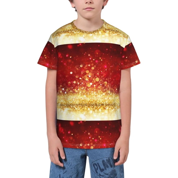 Wukai Red Gold Glitter Youth Unisex Short Sleeve T-Shirt for Boys, Girls, Teens, and Kids-X-Small