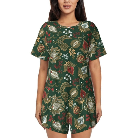 Wukai Red Leaves Print Women's Pajama Set - Short-Sleeve Top and Shorts with Elastic Waistband and Pockets for Loungewear, Yoga, and Casual Wear-Small