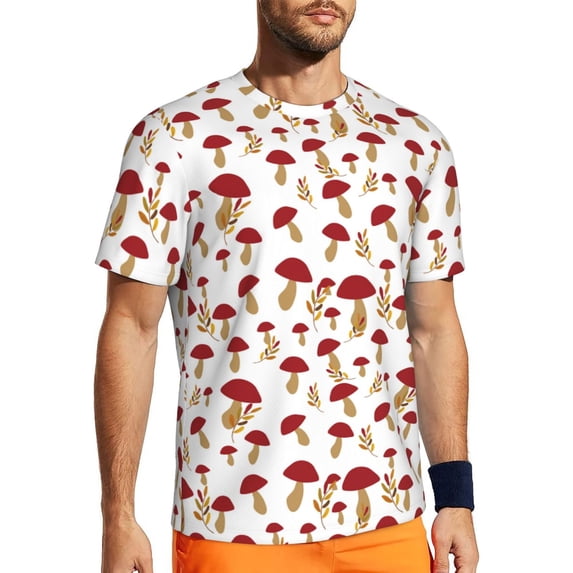 Wukai Red Mushroom Print Men's Short-Sleeved Mesh T-Shirt,Quick-Dry Short Sleeve Workout T-Shirt-XX-Large