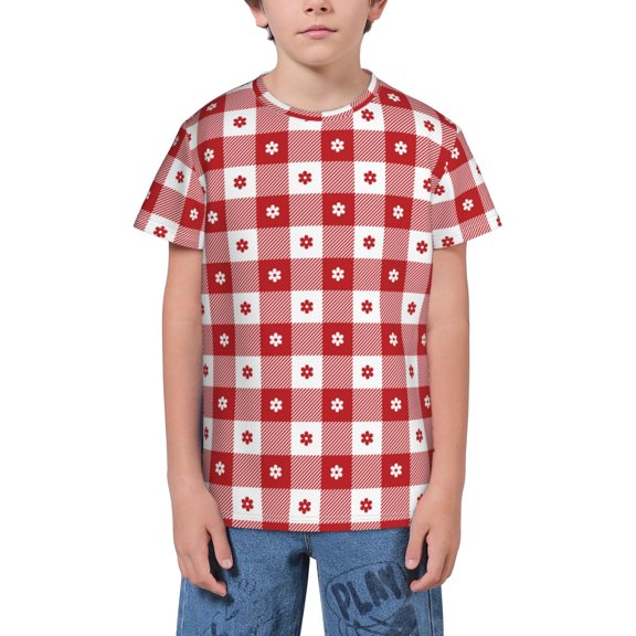 Wukai Red Plaid Daisy Youth Unisex Short Sleeve T-Shirt for Boys, Girls, Teens, and Kids-X-Large