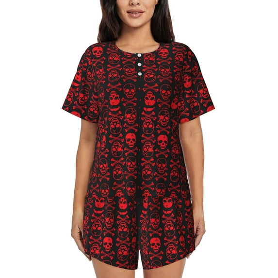 Wukai Red Skulls With Crossbones Print Women's Pajama Set - Short-Sleeve Top and Shorts with Elastic Waistband and Pockets for Loungewear, Yoga, and Casual Wear-XX-Large