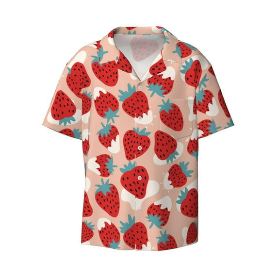 Wukai Red Strawberry Men's Casual Short-Sleeve Button Down Shirt - Lightweight Summer Dress Shirt for Daily Wear-Medium