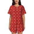 thumbnail image 1 of Wukai Red White Snowflakes Print Women's Pajama Set - Short-Sleeve Top and Shorts with Elastic Waistband and Pockets for Loungewear, Yoga, and Casual Wear-Medium, 1 of 6