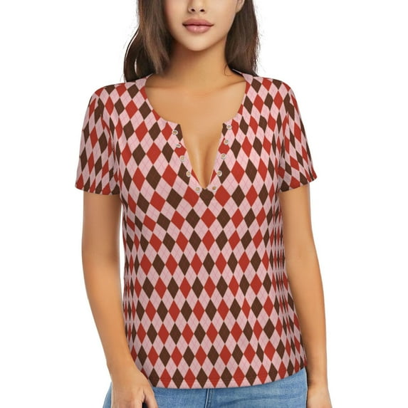 Wukai Red and Brown Squares Casual V-Neck Graphic Tees for Women: Lightweight and Breathable Summer Tops with Stylish Design-Small