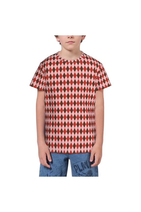 Red and Brown Squares Youth Unisex Short Sleeve T-Shirt for Boys, Girls, Teens, and Kids-X-Small