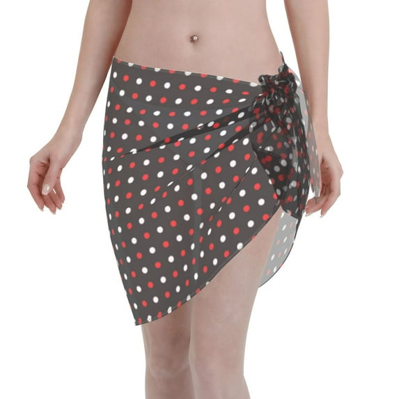 Wukai Red and white polka dots Women’s Short Sarongs Beach Wrap Bikini Bottom Short Skirt Chiffon Scarf for Swimwear