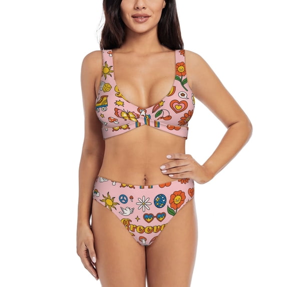 Wukai Retro 70s Hippie Women's Bikini Set Two Piece,wimsuit High Waisted V Neck Twist Front Adjustable Spaghetti Straps Bathing Suit-