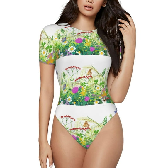 Naloa Plants and Insects Women's Short-Sleeved Onesie, One-Piece Swimsuit for Parties, dates, clubs - Medium