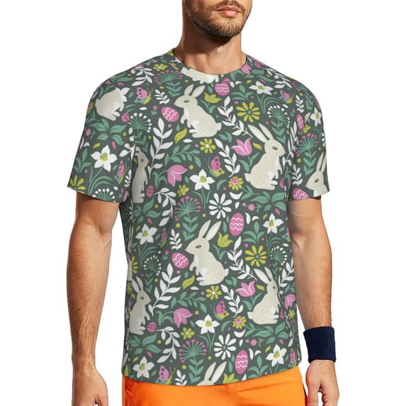 Wukai Retro Bunny Floral Print Men's Short-Sleeved Mesh T-Shirt,Quick-Dry Short Sleeve Workout T-Shirt-