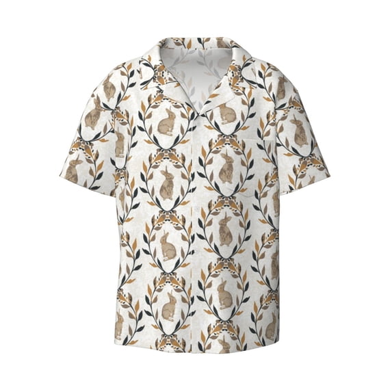 Wukai Retro Bunny Men's Casual Short-Sleeve Button Down Shirt - Lightweight Summer Dress Shirt for Daily Wear-Small