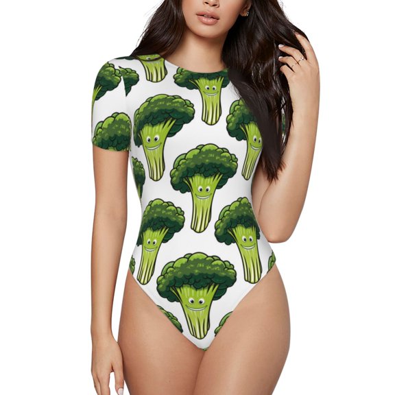 Naloa Cute Broccoli Women's Short-Sleeved Onesie, One-Piece Swimsuit for Parties, dates, clubs - Large
