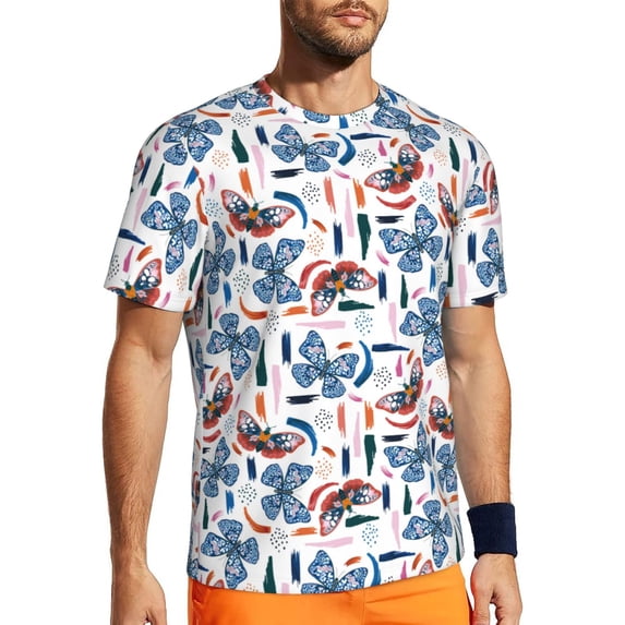 Wukai Retro Butterfly Print Men's Short-Sleeved Mesh T-Shirt,Quick-Dry Short Sleeve Workout T-Shirt-Medium