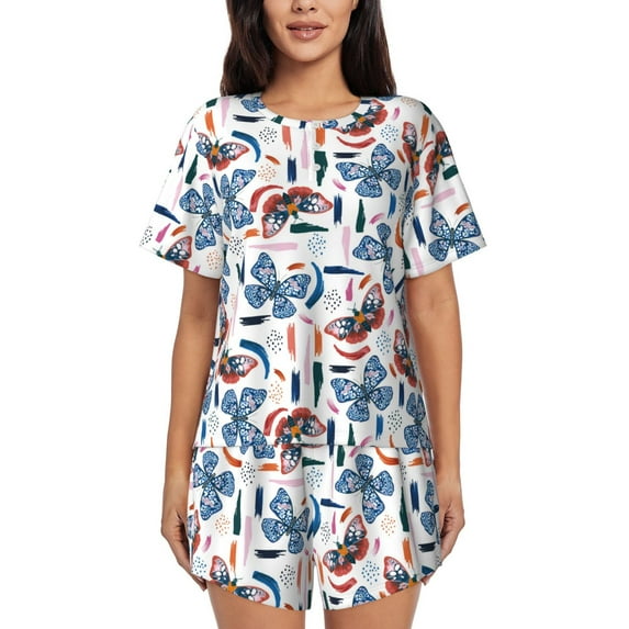 "Wukai Retro Butterfly Women's Pajama Set - Short-Sleeve Top and Shorts with Elastic Waistband and Pockets for Loungewear, Yoga, and Casual Wear-Large