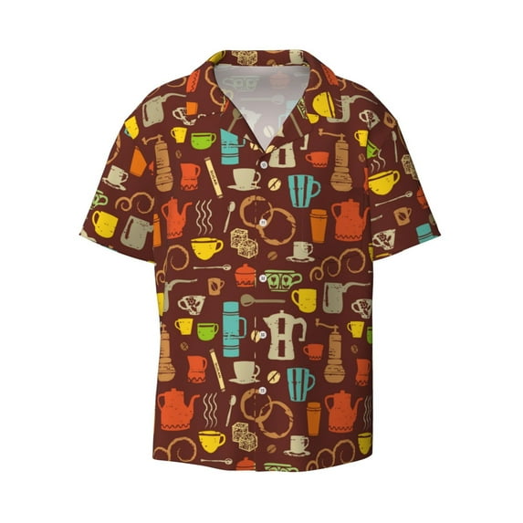 Wukai Retro Coffee Men's Casual Short-Sleeve Button Down Shirt - Lightweight Summer Dress Shirt for Daily Wear-3X-Large