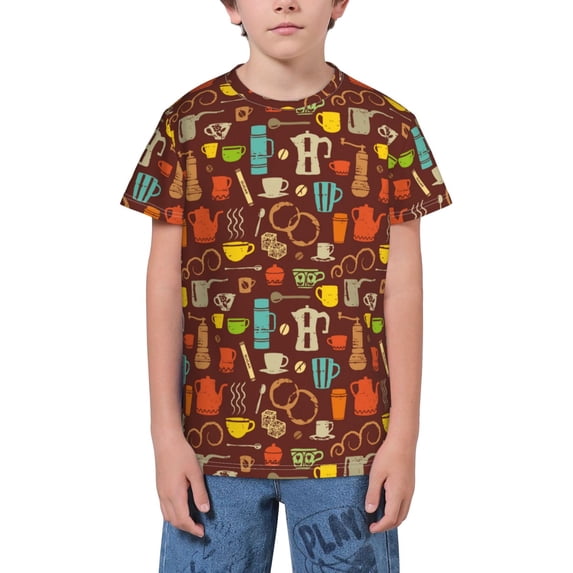 Wukai Retro Coffee Youth Unisex Short Sleeve T-Shirt for Boys, Girls, Teens, and Kids-Small