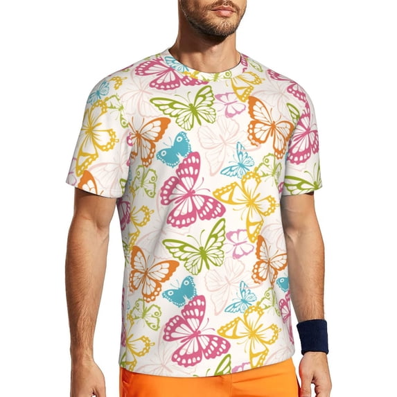 Wukai Retro Colorful Butterfly Print Men's Short-Sleeved Mesh T-Shirt,Quick-Dry Short Sleeve Workout T-Shirt-6X-Large