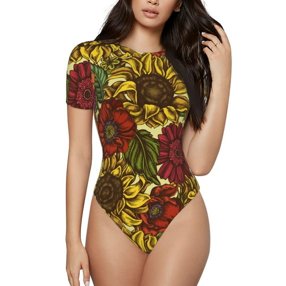 Naloa Sunflower Women's Short-Sleeved Onesie, One-Piece Swimsuit for Parties, dates, clubs - Medium