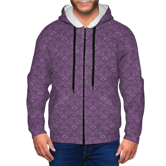 Wukai Retro Florals Purple Print Men's Zip-Up Hoodie,Fleece Full-Zip Hoodie for Men, Hooded Sweatshirt-X-Large