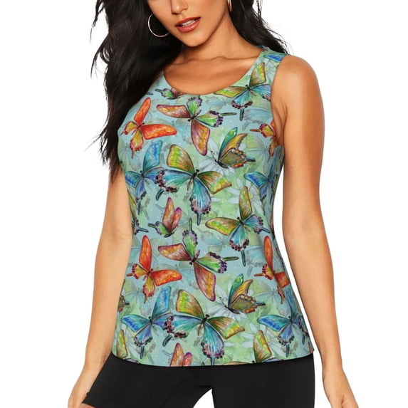Wukai Retro Flying Butterflies Print Women's Workout Tank Top Mesh Yoga Shirts Athletic Running Tank Tops Athletic Gym Shirts - Large
