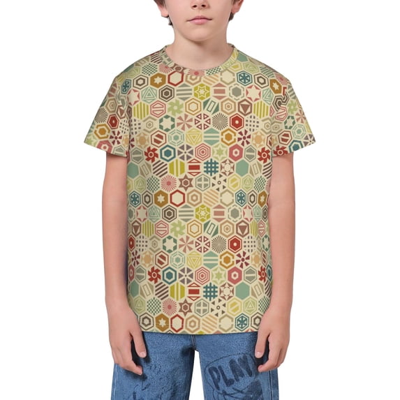 Wukai Retro Geometry Youth Unisex Short Sleeve T-Shirt for Boys, Girls, Teens, and Kids-Large