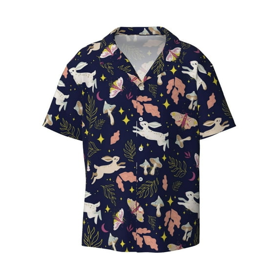 Wukai Retro Rabbit Flower Men's Casual Short-Sleeve Button Down Shirt - Lightweight Summer Dress Shirt for Daily Wear-Medium