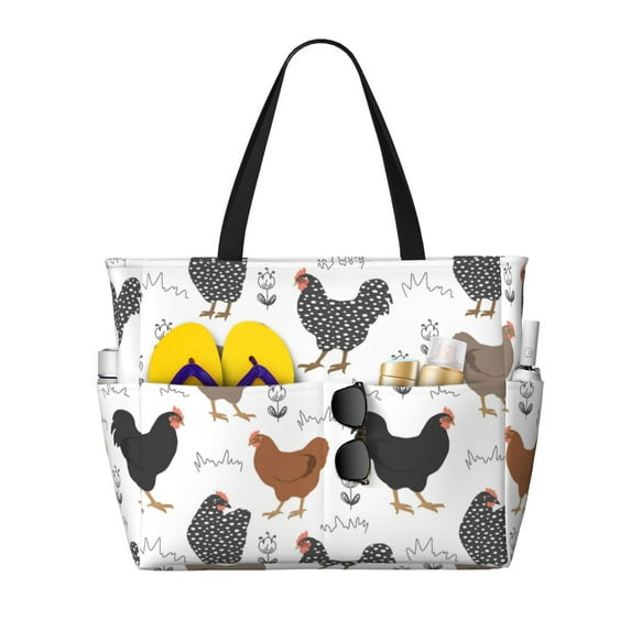 Wukai Retro Rooster Print Zipper Bag,large Beach Tote Bag,Waterproof Sandproof Bag,Grocery and Picnic Tote Travel Bag