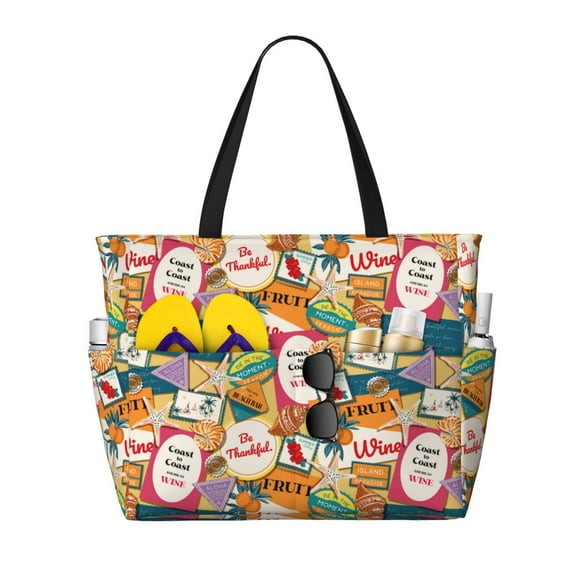 Wukai Retro Summer Stamp Print Zipper Bag,large Beach Tote Bag,Waterproof Sandproof Bag,Grocery and Picnic Tote Travel Bag