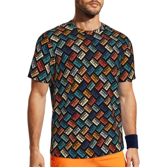 Wukai Retro Tape Print Men's Short-Sleeved Mesh T-Shirt,Quick-Dry Short Sleeve Workout T-Shirt-3X-Large