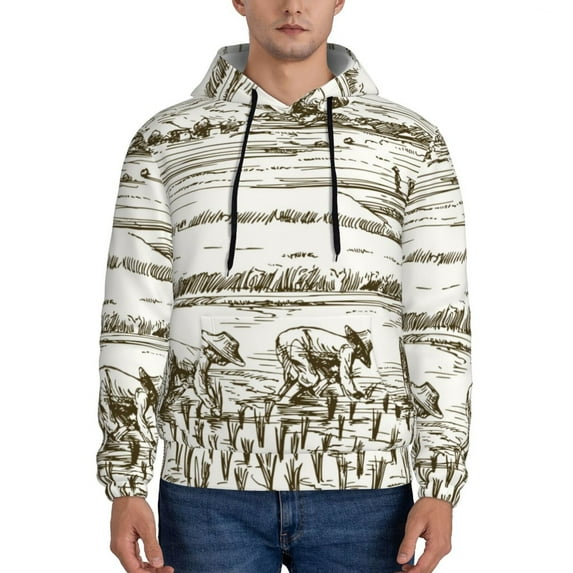 Wukai Rice Harvest Print Men Hoodies Fleece Sweatshirts Long Sleeve Sweaters Pullover Fall Outfits Winter Clothes-Medium