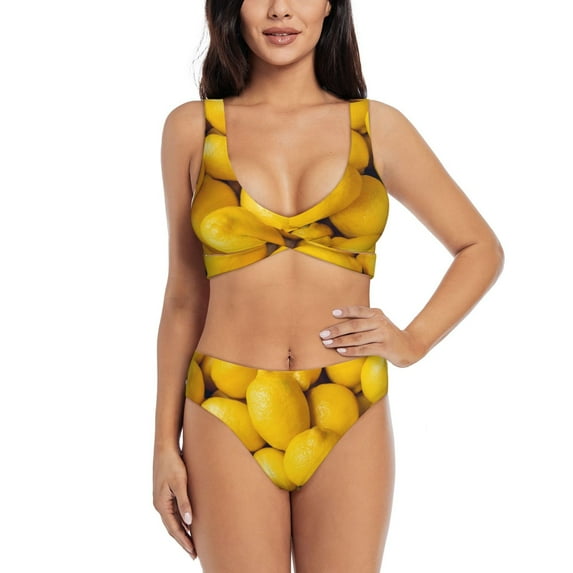 Wukai Ripe Yellow Lemon Women's Bikini Set Two Piece,wimsuit High Waisted V Neck Twist Front Adjustable Spaghetti Straps Bathing Suit-Medium