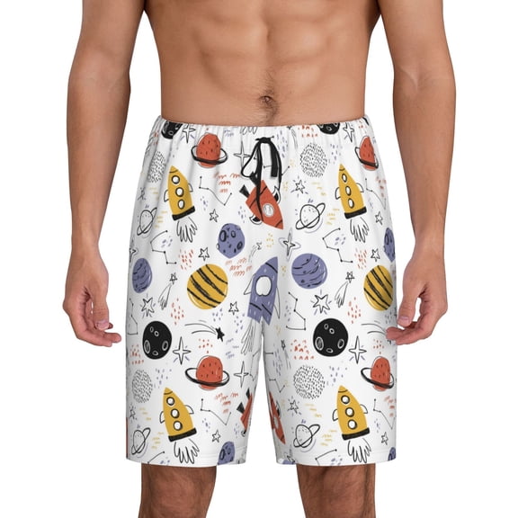 Wukai Rocket Planets Men’s Short Pajama Pants With Pockets Soft Sleep Pj Shorts for Men-Large