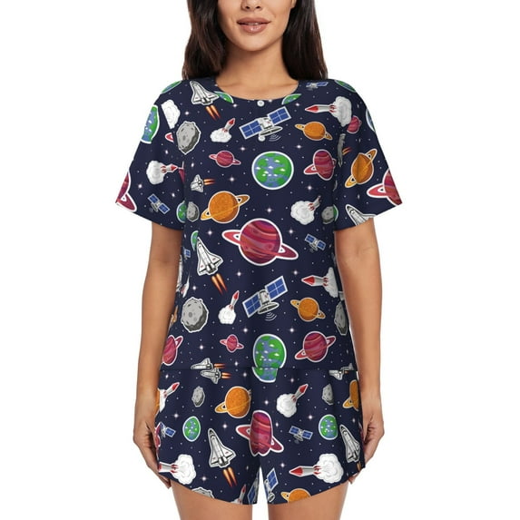 Wukai Rocket Satellite Women's Pajama Set,Short-Sleeve Top and Shorts with Elastic Waistband and Pockets for Loungewear, Yoga, and Casual Wear-Large