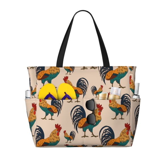 Wukai Rooster Print Zipper Bag,large Beach Tote Bag,Waterproof Sandproof Bag,Grocery and Picnic Tote Travel Bag