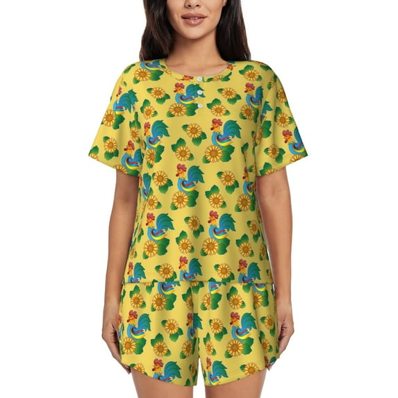 Wukai Roosters And Sunflowers Print Women's Pajama Set - Short-Sleeve Top and Shorts with Elastic Waistband and Pockets for Loungewear, Yoga, and Casual Wear-Medium