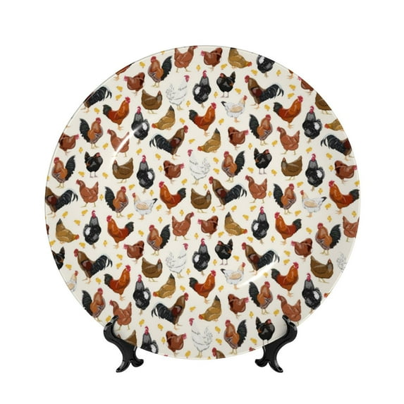 Wukai Roosters and Chickens Print Decorative Plate for Display,Bone China Decorative Plate, Ceramic Dinner Plate with Stand, Vertical Ceramic Plate-6in