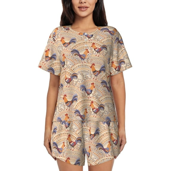 Wukai Roosters In Floral Print Women's Pajama Set - Short-Sleeve Top and Shorts with Elastic Waistband and Pockets for Loungewear, Yoga, and Casual Wear-Medium