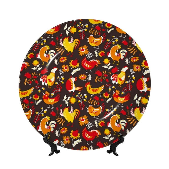Wukai Roosters Print Decorative Plate for Display,Bone China Decorative Plate, Ceramic Dinner Plate with Stand, Vertical Ceramic Plate-8in