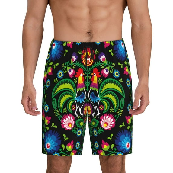 Wukai Roosters and Flowers Men’s Short Pajama Pants With Pockets Soft Sleep Pj Shorts for Men-X-Large