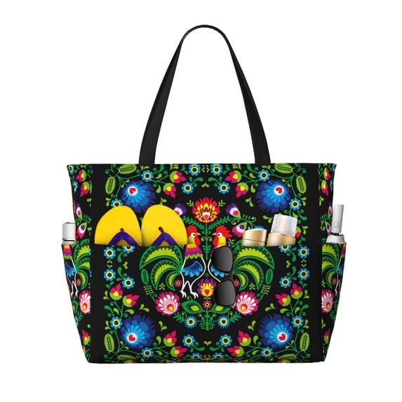 Wukai Roosters and Flowers Print Zipper Bag,large Beach Tote Bag,Waterproof Sandproof Bag,Grocery and Picnic Tote Travel Bag